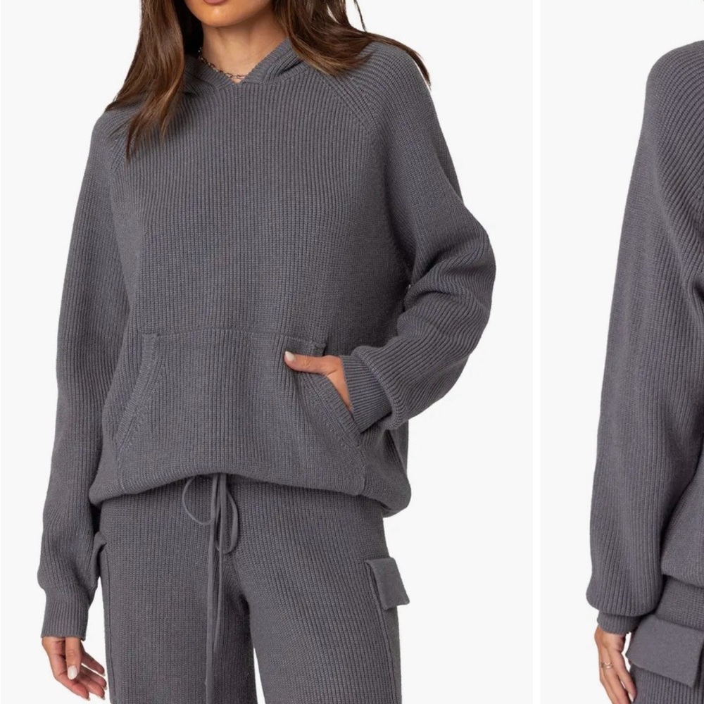 Edikted Gray Knit Hoodie Wynter Sweater Hoodie - Picture 3 of 6